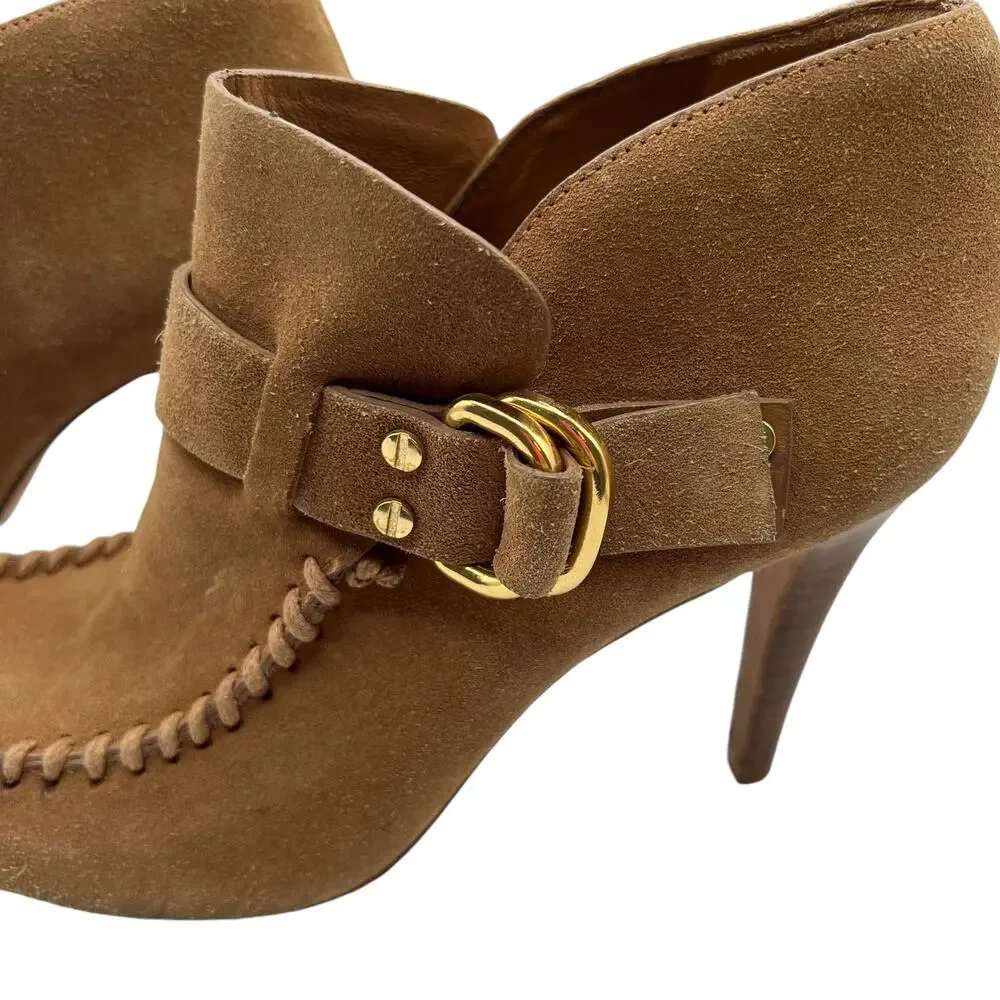 Tory Burch Womens Belen 9.5 Suede Stiletto Ankle Boots Booties Tan Camel Buckles